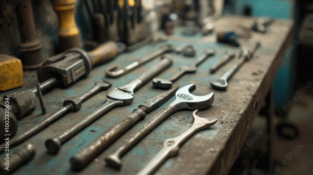Poster close-up of a variety of wrenches and tools on a workbench