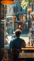 Relaxed man sitting in a caf&eacute; looking out at bustling street life with coffee on table