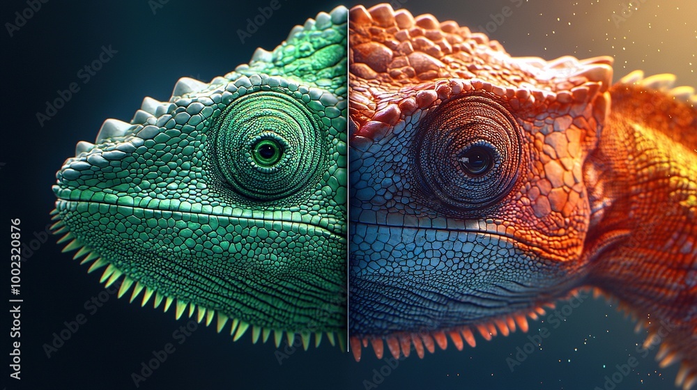 Poster a close-up of a chameleon's face and another image of a chameleon's face