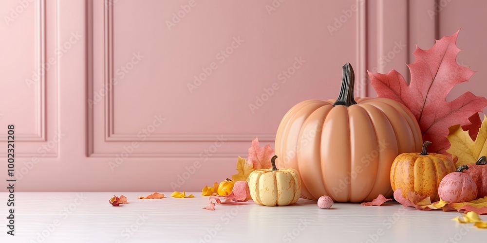 Poster Pumpkins and fall leaves on a white table.