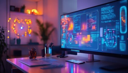 Home office setup with futuristic digital tools and holographic task management displays  Futuristic  Hologram  Minimalist