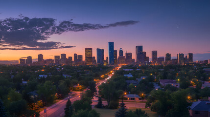 Obraz premium Stunning Sunset Over City Skyline with Illuminated Streets and Buildings