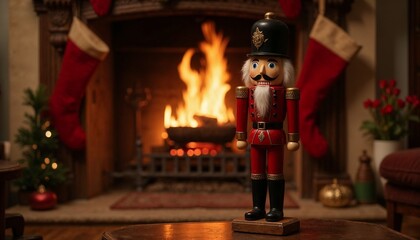 Festive nutcracker standing by a cozy fireplace decorated for Christmas with stockings