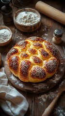Freshly Baked Sweet Bread With Golden Crust and Sesame Seeds on a Rustic Wooden Table