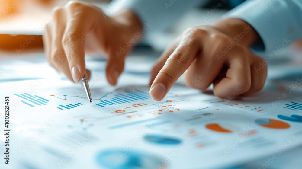 Aufkleber hands pointing at key elements in business documents