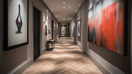 An elegantly designed hallway featuring herringbone wooden floors