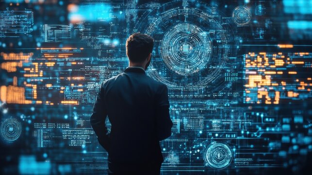 Cybersecurity expert analyzing encrypted data in a virtual space surrounded by glowing firewalls and complex codes. Generative AI