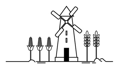 Simple windmill with corn and wheat on a plain background. Ideal for agricultural themes, rural lifestyle, harvest season, farming equipment, and eco-friendly concepts. Simple line art style.