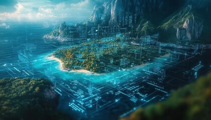 Island hopping with digital ferry schedules and holographic views of the destination  Futuristic  Hologram  Minimalist