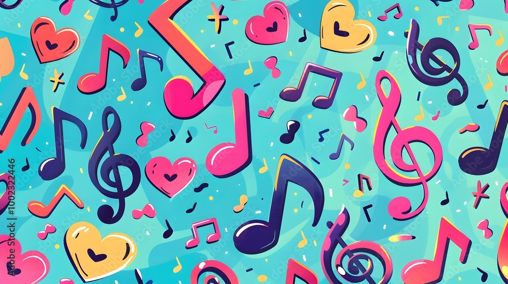 Poster colorful seamless vector pattern with hearts and note song