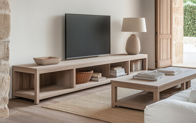 Modern living room interior featuring minimalist wooden furniture and a stylish lamp in a serene, well-lit space