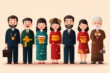 Diverse characters in traditional attire.