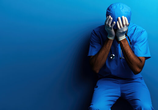 A healthcare professional in scrubs shows visible signs of emotional distress, hands covering their face. 