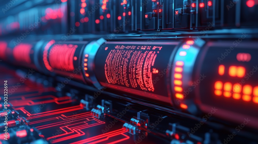 Poster futuristic data center with red led displays