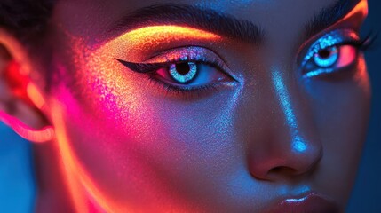 Makeup tutorial using glowing digital beauty tools and holographic product guides  Futuristic  Neon  High Detail