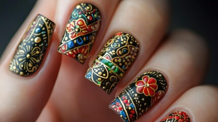 Close-up of a Hand with Intricate Black, Gold, and Red Nail Art