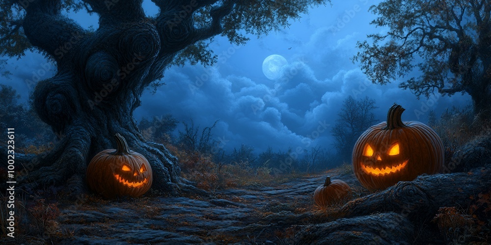 Poster Spooky Halloween jack-o'-lanterns sit beneath a full moon.