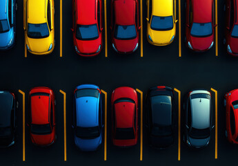 An overhead view of a colorful parking lot filled with neatly parked cars. Bright reds, blues, and yellows create a striking visual appeal against the dark pavement.