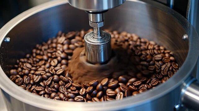 Roasted coffee beans are waiting to be ground for brewing within the hopper of an espresso grinder.