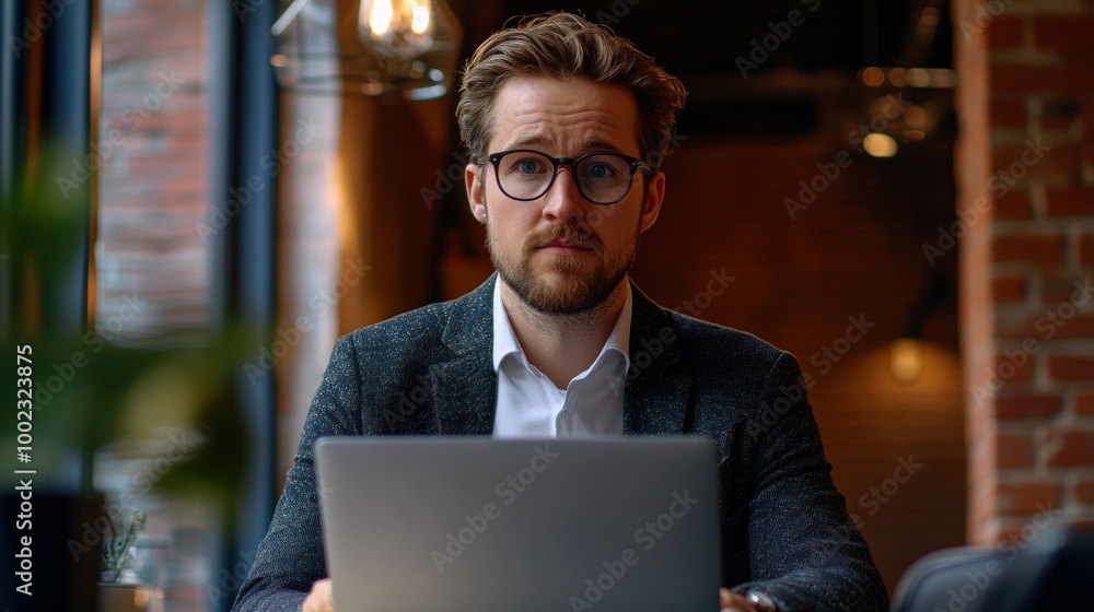 Poster a man with glasses and a beard using a laptop in a cafe