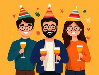 Friends celebrating with drinks and party hats