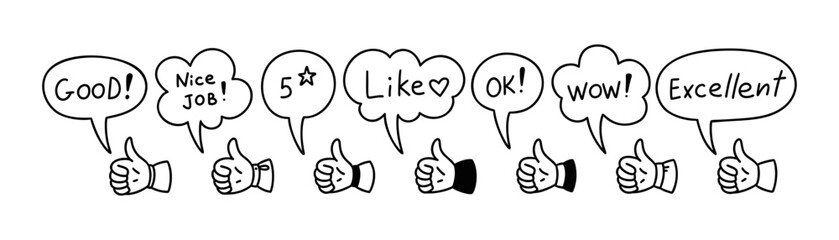 Positive expressions speech bubbles. Thumb up cute line doodle icon. Nice job, excellent, five star rate, wow, ok, like text. Social media post evaluation. Followers emotions