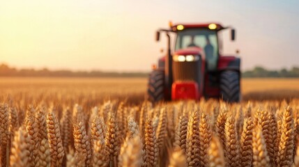 Fototapeta premium Red Tractor in Wheat Field at Sunset