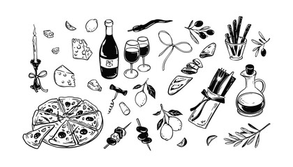 Summer picnic food and wine vector illustrations set. Pizza, cheese plate, baguette, alcohol glass and bottle vintage minimalist sketch. La Dole Vita. Charcoal scribble. Restaurant, cafe menu design