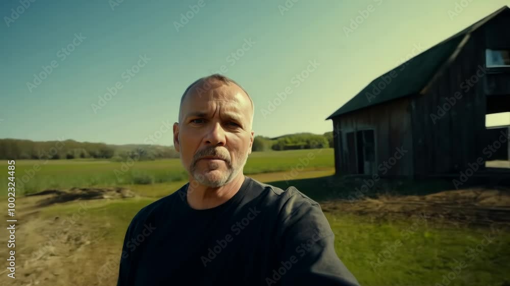 Aufkleber a man turns to admire a rustic barn set against a backdrop of vibrant fields on a sunny day in the c