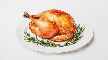 A beautifully roasted chicken presented on a decorative plate with fresh rosemary, highlighting a delicious culinary delight.
