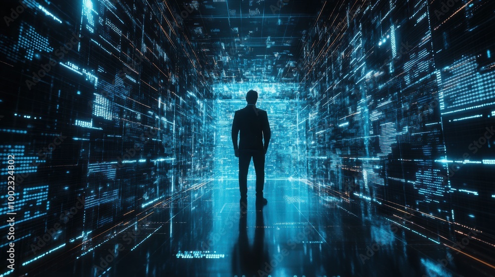 Fototapete Cybersecurity expert analyzing encrypted codes and firewalls in a dynamic virtual data environment. Generative AI