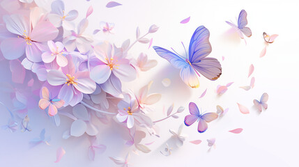 exuding a small and fresh aesthetic with glassy texture details, mid-air flight, accompanied by additional floating butterflies and scattered petals, perfect for high-definition mobile phone wallpaper