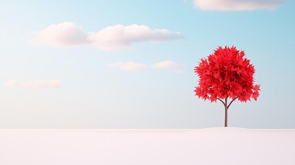 Vibrant red tree against a serene sky, creating a striking contrast in a minimalist landscape.
