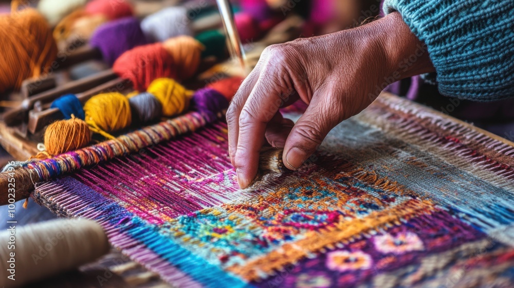 Poster artisan weaving a colorful tapestry on a loom, with threads and tools arranged around