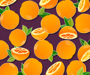 A vibrant seamless vector pattern featuring whole and sliced oranges with bright green leaves against a textured purple background. 