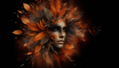 A dramatic abstract portrait of a woman&rsquo;s face merged with autumn leaves, set against a dark background, evoking mystery and change