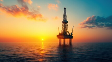 Obraz premium Oil Platform Silhouette at Sunset over the Ocean