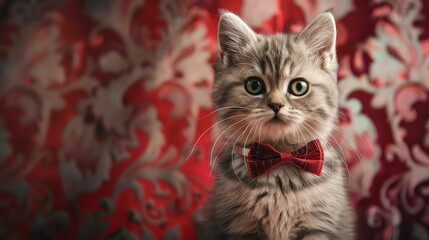 A cute kitten wearing a red bowtie sits in front of a red and white patterned background.