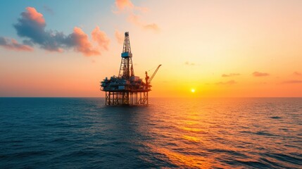 Obraz premium Oil Rig in Sunset Over Calm Ocean Waters