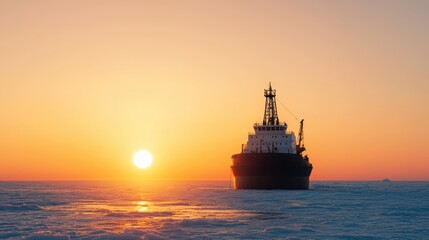 Obraz premium Ship at Sunset Over Calm Ocean Waters