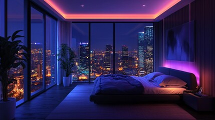 penthouse bedroom at night, dark gloomy, A room with a view of the city from the bed