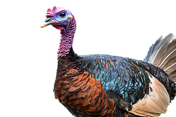 Fototapeta premium A hyper-realistic turkey displaying its iridescent feathers against a clean white backdrop. Animal realism concept