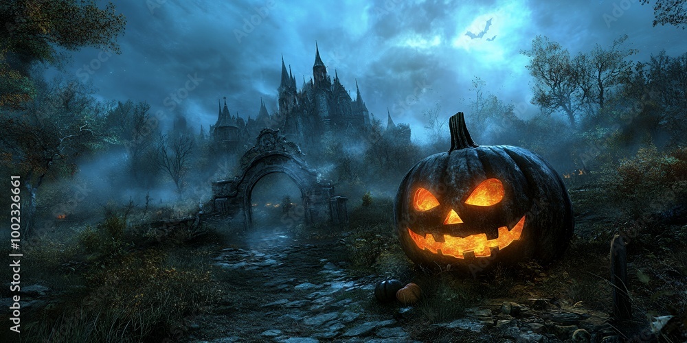 Sticker A jack-o'-lantern glows in front of a spooky castle.