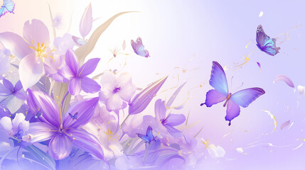exuding a small and fresh aesthetic with glassy texture details, mid-air flight, accompanied by additional floating butterflies and scattered petals, perfect for high-definition mobile phone wallpaper