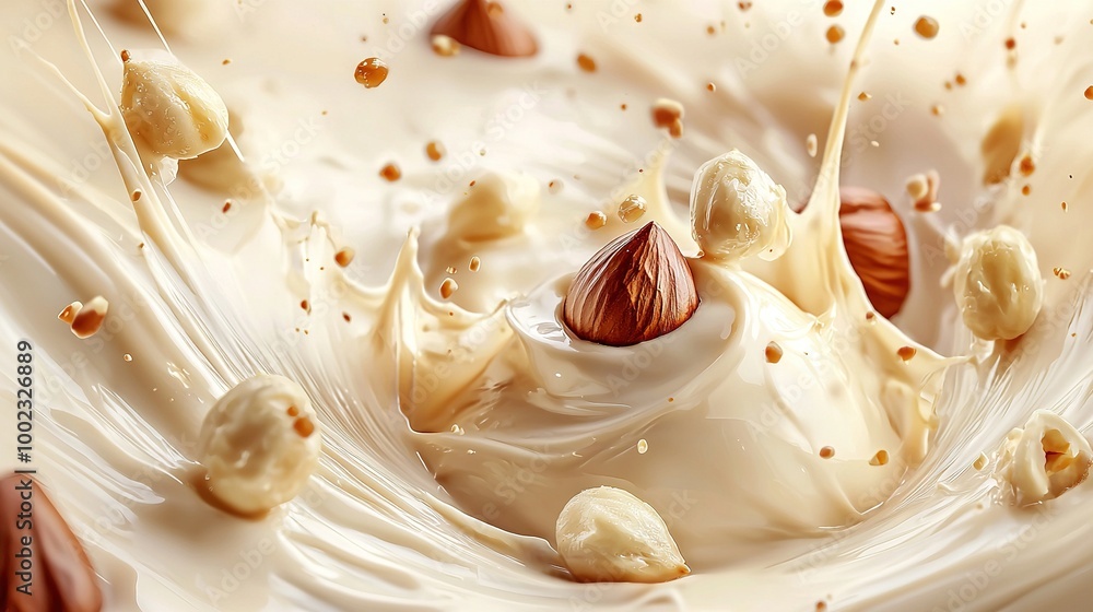 Poster close-up of a milk splash with nuts emerging from it and milk cascading onto it