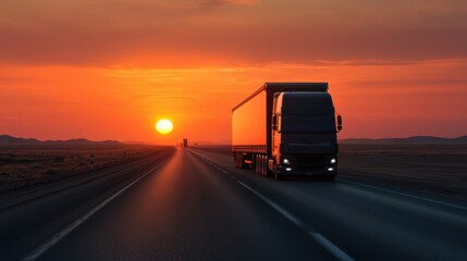 Obraz premium Truck Journey at Sunset Over Open Road