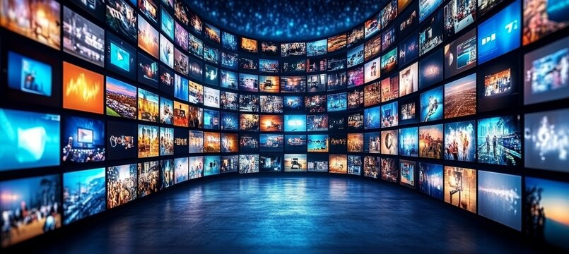 Multimedia Streaming Wall with Colorful Vibrant Channel Images Abstract Entertainment Background