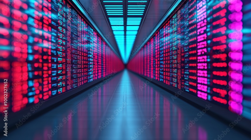 Poster futuristic data center with neon lights and data streams