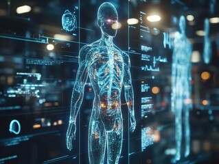 Public health campaign with holographic data displays and digital awareness tools  Futuristic  Hologram  Minimalist