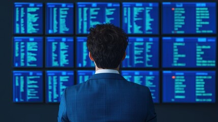 Businessman Analyzing Data on Digital Screens